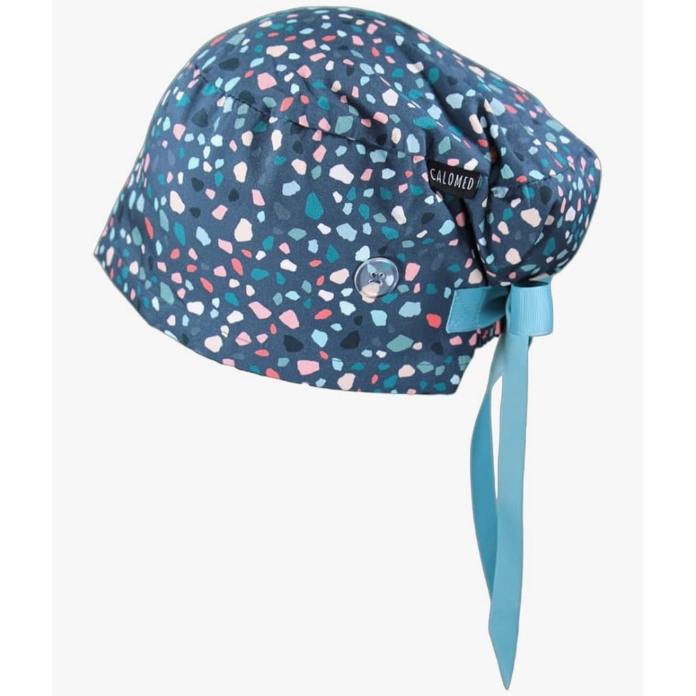 CALOMED Surgical Scrub Hat Button adjustable Tie Back Terrazzo on Teal